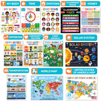 DECOWALL 20 Peel & Stick Educational Posters for Toddlers, Alphabet Learning Charts for Kids Ages 2–6, Preschool, Kindergarten, Homeschool Decor, Daycare&Classroom Must Haves Removable stickers(PS-01)