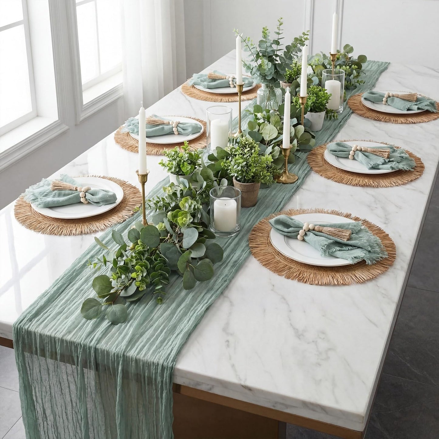 Frienda Set of 6 Boho Table Placemats Round Woven Place Mats Matching Linen Textured Napkins Wood Bead Napkin Rings and 1 Pcs Sage Green Table Runner for Home Farmhouse Kitchen Dining Natural Decor