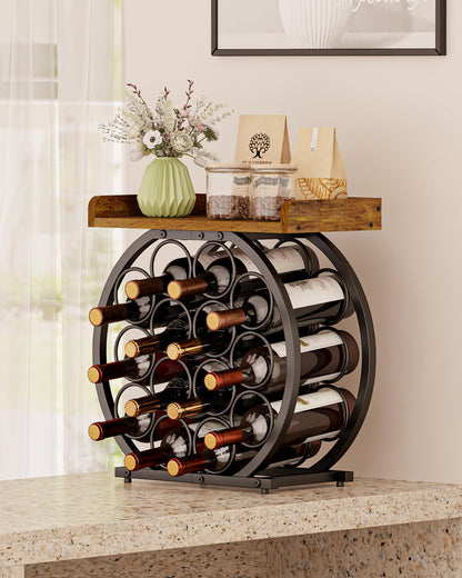 X-cosrack 14 Bottles Countertop Wine Rack with Wooden Tabletop, Round Metal Freestanding Wine Storage Holder, Wine Racks Countertop Wine Bottle Organizer Display Stand for Pantry Home Kitchen Bar