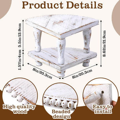Kigley 2 Tiered Corner Riser for Kitchen Counter Wood Beaded Corner Shelf White Wash Countertop Bathroom Counter Organizer Rustic Decorative Pedestal Stand with Removable Feet for Kitchen Coffee Bar