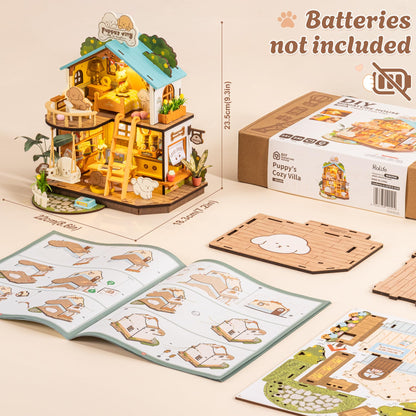 Rolife DIY Miniature House Kits Puppy's Cozy Villa, DIY Crafts for Adults Miniature Model Set, Tiny House Duplex Villa with Puppy, Hobbies & Birthday for Friends (230PCS)