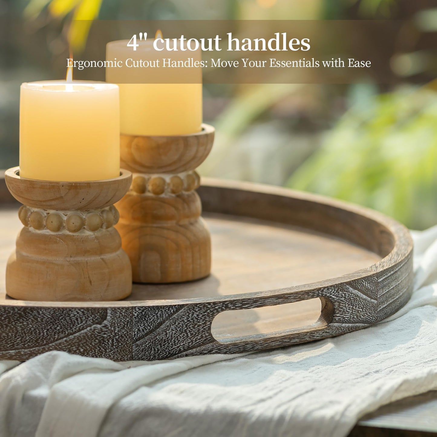 Hanobe Ottoman Tray for Living Room: 22" Decorative Wooden Trays with Handles for Living Room Home Decor Farmhouse Rustic Round Topper for Coffee Table