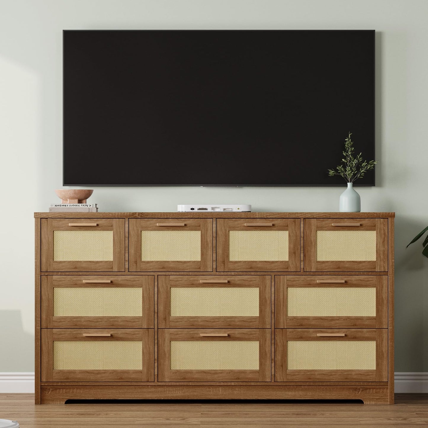 GarveeLife 10 Drawer Dresser for Bedroom, 59 in Farmhouse Rattan Dressers & Chests of Drawers, Wooden Storage Organizer with Anti-Tipping Device for Living Room, Hallway, Entryway, Natural