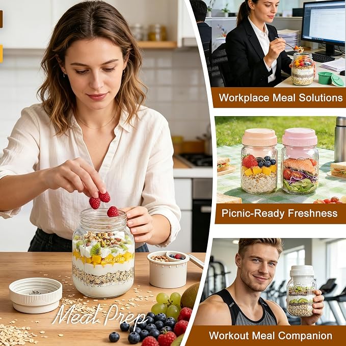 Syntic Glass Overnight Oats Containers with Lids & Silicone Divider, Airtight Reusable 32 oz Mason Jars for Meal Prep, Yogurt Parfait, Chia Pudding, Salad, Cereal, Dishwasher Safe
