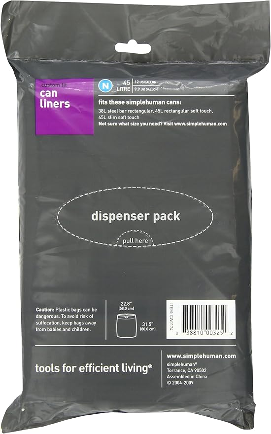 simplehuman Custom Fit Trash Can Liner N, 45 Liters / 12 Gallons