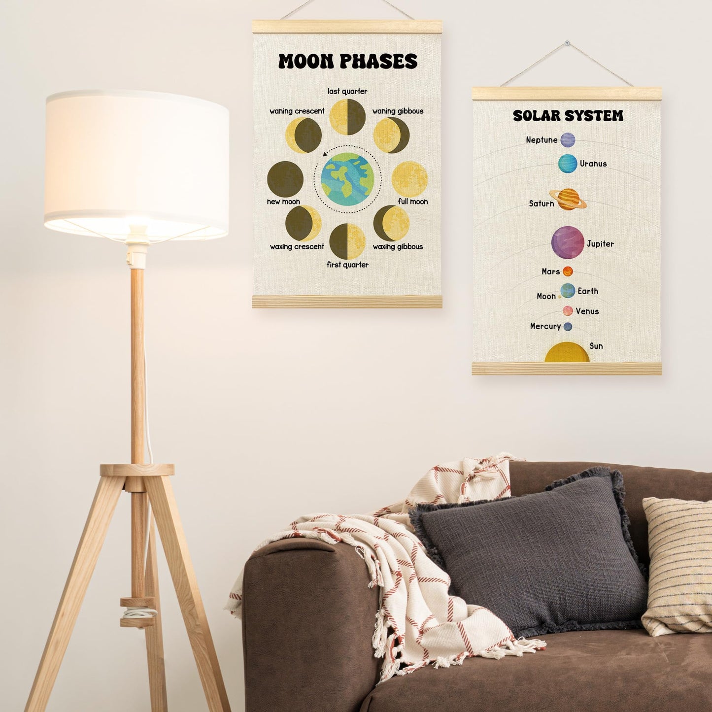 TLESKE Classroom Moon Phases Solar System Space Poster Hanger Frame Set of 2, Homeschool Hanging Wall Art Room Decor for Toddlers Kid Nursery Playroom, Preschool Prek Learning Educational Print, 16x24