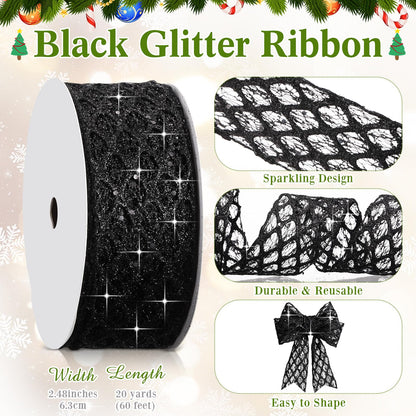 Geosar 20 Yards Black Glitter Mesh Wired Ribbon, Elegant Tulle Ribbon for Luxury Gift Wrapping, Wedding Decor, Graduation Party, Flower Bouquet & DIY Craft Supplies (2.5 Inch)
