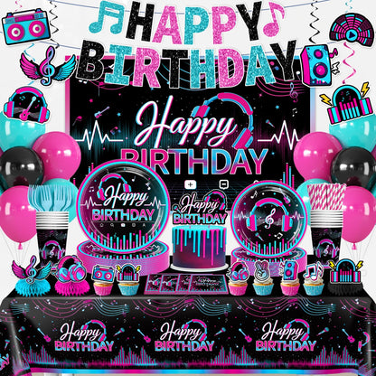 wellspar 208pcs Karaoke Party Decorations Complete Tableware Set, for 25 Guests, Karaoke Birthday Party Decorations, Disposable Plates, Pre-strung Banner, Tablecloths for Music Birthday Decor
