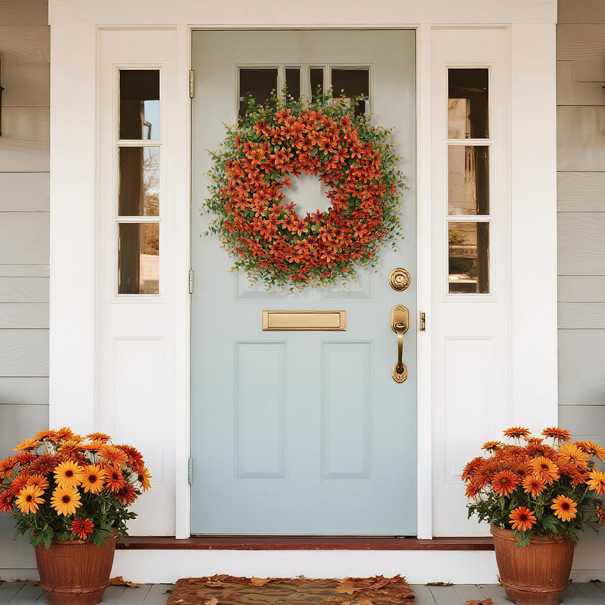 26" Fall Wreath for Front Door, Porch, Window - Large Artificial Eucalyptus Leaves with Fake Silk Flowers Outdoor Wreath for Home Farmhouse Harvest Festival Thanksgiving Day Autumn Decor