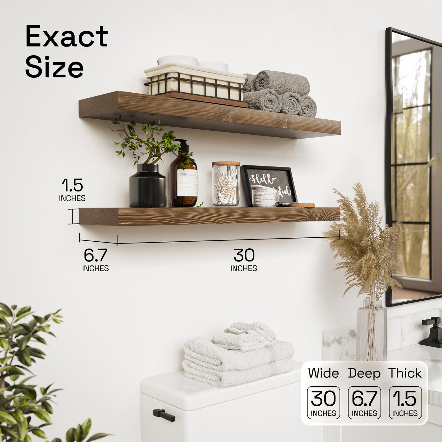BAOBAB WORKSHOP Wood Floating Shelves for Wall 30 Inches Long, Solid Wooden Bathroom Shelf Large, Heavy Duty Wall Shelf 30 Inch Kitchen Bedroom Rustic Farmhouse, Walnut Shelves, 30W × 6.7D, Set of 2