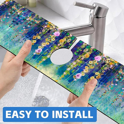 Abstract Watercolor Floral Kitchen Sink Splash Guard Mat Absorbent Fast Drying