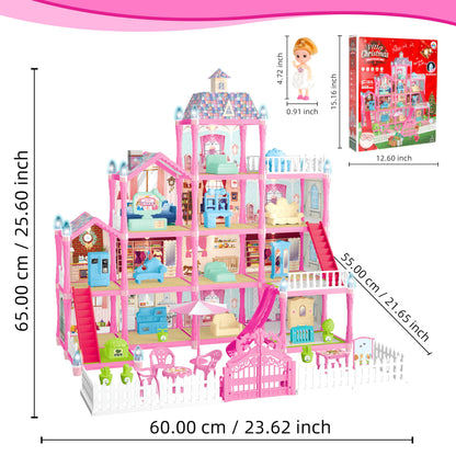 OCTERIC Doll House for Girls,13 Rooms Dollhouse with 2Dolls Figure, Lights, Puppies,Furnitures, Accessories, Toddler Playhouse Gift for for 3 4 5 6 7 8 9 10 Year Old Girls Toys (Pink)