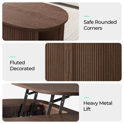 LINSY Lift Top Coffee Table, Oval Fluted Coffee Table with Storage, Mid Century Modern Wooden Coffee Tables with Sliding Tambour Door, 39" Center Table for Living Room, Office, Small Space, Walnut