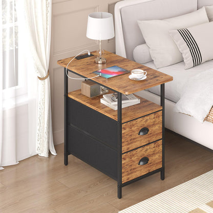 sthmec End Table with Charging Station, Narrow Side Table with 2 Drawers, Nightstands with Drawers, USB Ports & Power Oulets,Slim Sofa Side Tables for Small Spaces,Livin Room,Bedroom,Rustics Brown