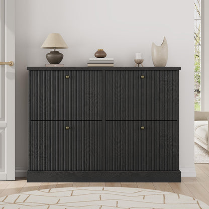 IDEALHOUSE Fluted Shoe Cabinet Storage with 4 Flip Drawers, Wooden Fluted Narrow Shoe Organizer with Adjustable and Removable Shelves, Freestanding Slim Shoe Storage for Entryway Hallway, Black