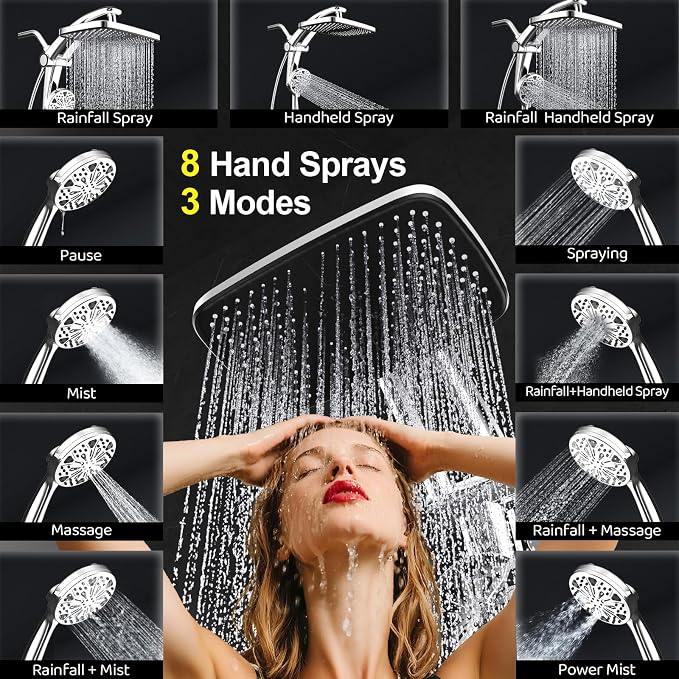 Rain Shower Head with filtered Handheld High Pressure rainfall Shower Heads with Handheld Spray Combo Adjustable one-piece stand daul shower head Built-in Magnetic Docking and Power Jets