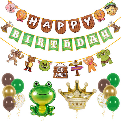 Pirese Ogre Birthday Decorations, Swamp Birthday Party Decorations Kit with Pre-Strung Happy Birthday Banner, Frog & Crown Foil Balloons, Latex and Confetti Balloons, Ogre Party Supplies