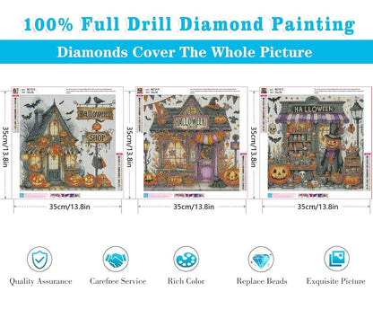3 Pack Diamond Art Kits for Adults, Halloween Pumpkin Bat Shop Diamond Painting Kits for Adults, 5D DIY Round Full Drill Gem Art Paint With Diamonds Dots Crafts Kits for Home Decor Gift 14x14inch
