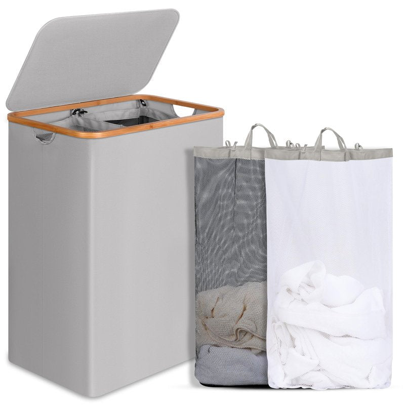efluky Laundry Basket with Lid, 160L Tall Laundry Basket with Bamboo Handles for Clothes and Toys, Laundry Hamper with 2 Inner Bags for Bedroom, Bathroom and Laundry Room, Dove Gray