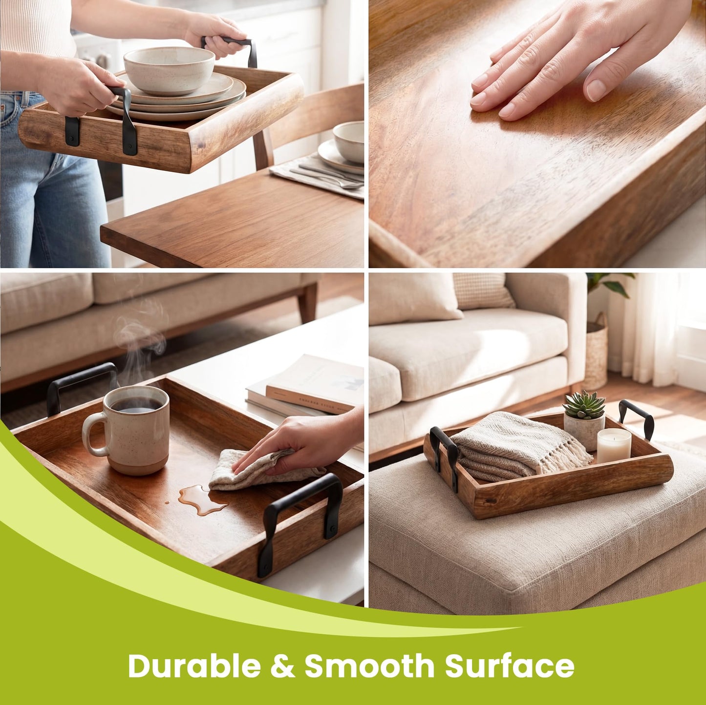 Acacia Serving Tray – Durable Large Wooden Serving Tray w/Handle – Non-Slip Kitchen Accessories for Daily Use – Easy Use Wooden Trays For Food
