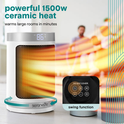 SereneLife Smart Space Heater – 1500W Indoor Electric Heater with Thermostat, Remote Control, 12-Hour Timer, Wi-Fi Enabled PTC Ceramic Heating for Home and Office, White (5.9" x 5.9" x 9.5")