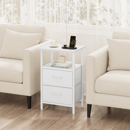 Vagusicc Nightstand Set 2 with Charging Station, End Table with Fabric Drawers, Bedside Table with Open Wood Shelf, 24.2" Tall Side Table with USB Ports & Outlets, Night Stand for Bedroom, White