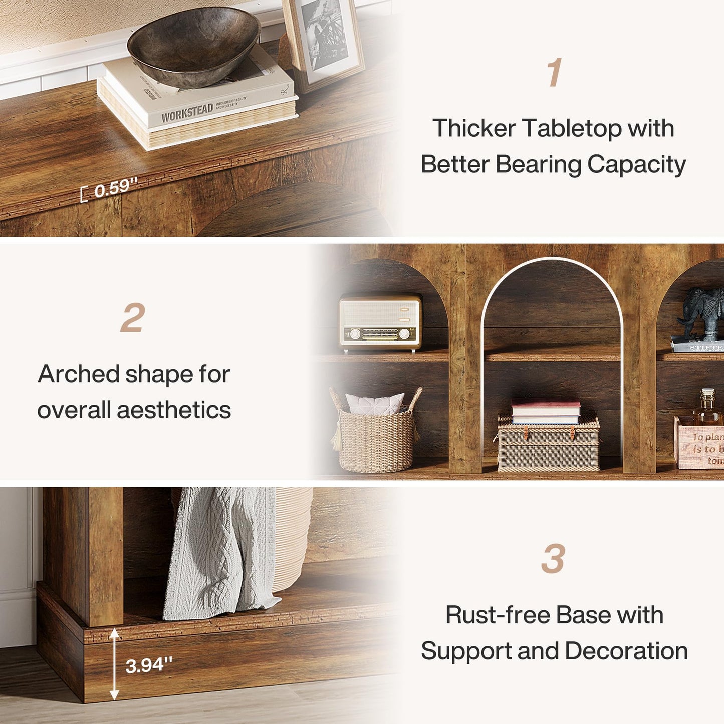 Tribesigns Farmhouse Console Table, 63-Inch Long Entryway Table with 3 Tier Storage, Wooden Rectangular Sofa Table Behind The Couch for Entrance, Hallway, Living Room, Brown