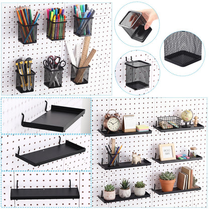 Tosstuki 12 Pack Pegboard Organizer Accessories - 6 Pegboard Pencil Cups Holder Peg Board - 6 Shelves Metal Shelf Brackets - Tools Storage Arrange System Kit for Office Garage Room