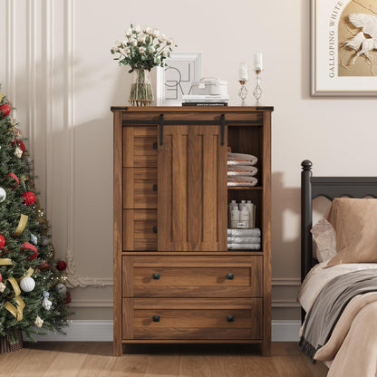 GarveeHome Farmhouse 5 Drawer Dresser for Bedroom, 48" Tall Wood Dressers Chest of Drawer with Sliding Barn Door, Adjustable Shelf, Storage Organizer for Bedroom, Hallway, Living Room, Kitchen, Walnut