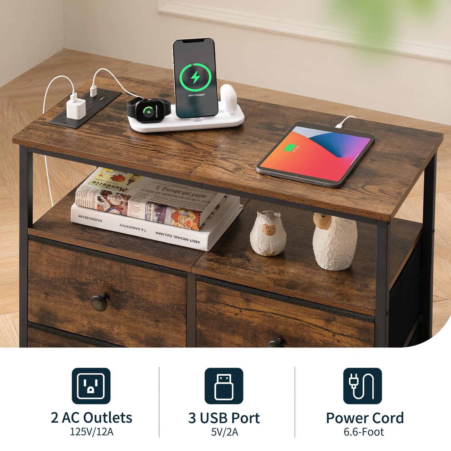 Yoobure Night Stand with Charge Station, Nightstand with 4 Drawers Bedside Table, LED Dresser with Storage Shelf, Night Stands for Bedroom, Side Table 3-Tier Wood End Table for Home Rustic Brown