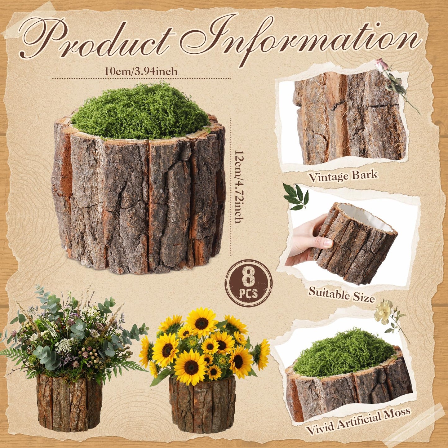 RimCereal 8 Set Wooden Vase for Centerpieces Wedding Flower Table Centerpieces Decor Rustic Bark Stump Bucket Farmhouse Wood Planter Pot for Woodland Party Window Home (Fake Green Moss,Large)