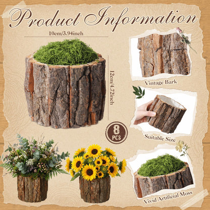 RimCereal 8 Set Wooden Vase for Centerpieces Wedding Flower Table Centerpieces Decor Rustic Bark Stump Bucket Farmhouse Wood Planter Pot for Woodland Party Window Home (Fake Green Moss,Large)