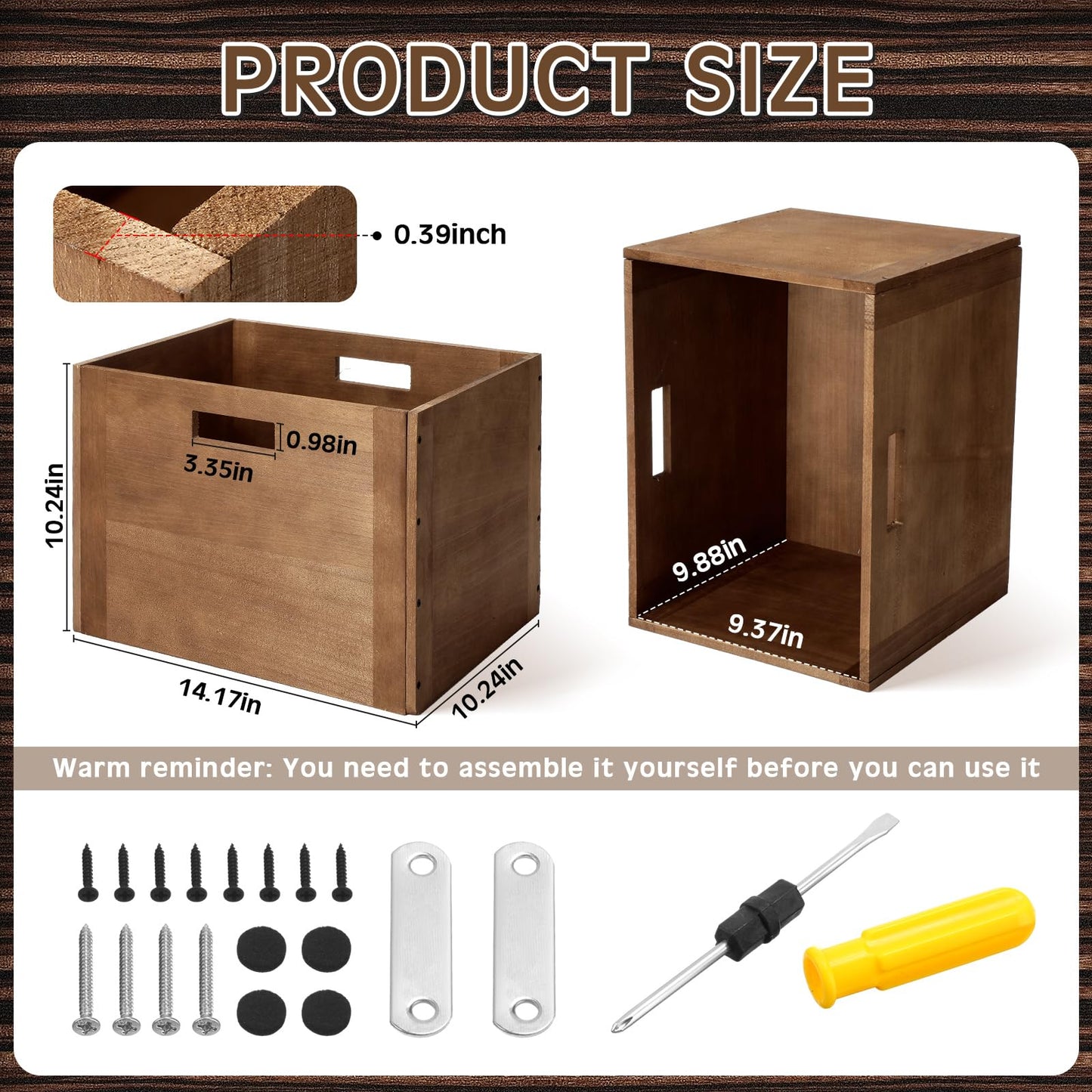 Menkxi 4 Pcs Stackable Wood Storage Cube for Shelves Closet Wooden Bins Box Wood Crates Storage Baskets Container for Toy Books Clothes Home Office, Dark Brown(14 x 10 x 10 Inch)