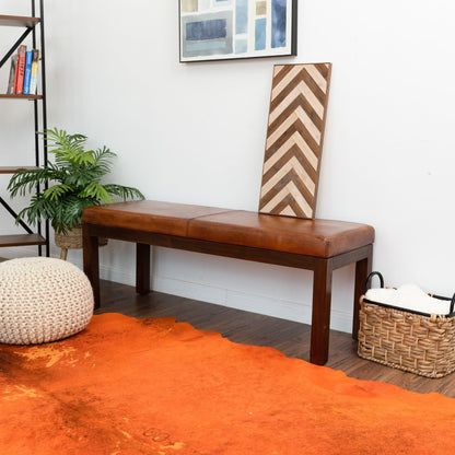 GDFStudio Mid-Century Modern Entry Bench, Tan Genuine Leather Rectangle Ottoman with Solid Wood Legs, Upholstered Dining Room Bench for Bedroom Living Room Hallway Indoor Home Furniture, Brown