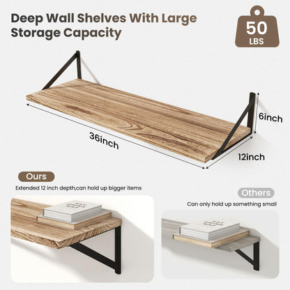 Marsmiles Deep Floating Shelves | 36 Inch Light Wood Wall Shelves Set of 2 | 12 Inch Deep Floating Shelves for Wall | 36''W x 12''D Rustic Light Wooden Shelves for Bathroom Living Room Bedroom Kitchen