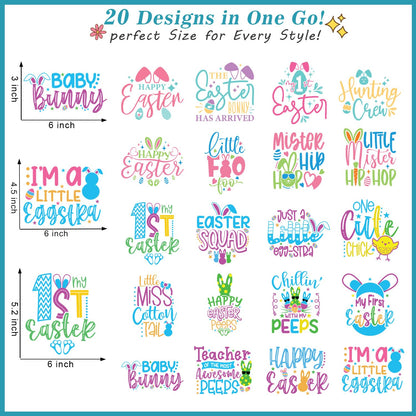 20 Sheets Baby First Easter Iron on Transfers - Cute DTF Transfer Ready to Press Onesie Decorating Kit Making Heat Patches Stickers for Bibs DIY Crafts T-Shirt Clothing