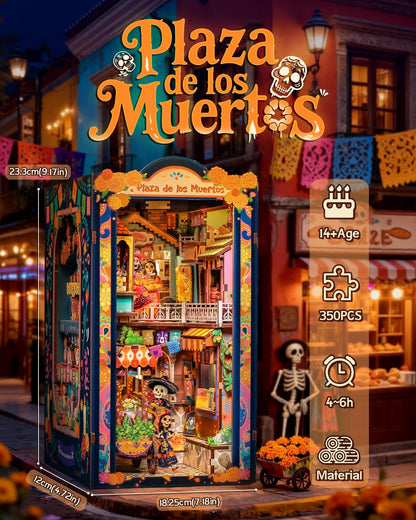 CUTEBEE Book Nook Kit - Mexican Fiesta DIY Miniature Dollhouse, Vibrant LED Bookshelf Decor Alley Model for Adults Teens, Gifts for Family and Friends（Plaza de Los Muertos）