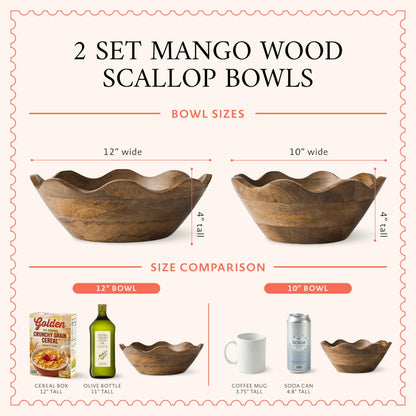 Mela Artisans 10 & 12 in Scalloped Acacia Wood Salad Bowl Set – Decorative Serving Bowls and Wooden Fruit Bowls with Natural Finish for Pasta, Bread & Kitchen Table Decor
