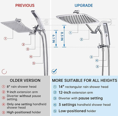 G-Promise All Metal 14 Inch Rain Shower Head with Massage Mode Handheld Spray Combo, 3-Way Diverter with Pause Setting, Full Body Coverage, Modern Bathroom Upgrade (Chrome)