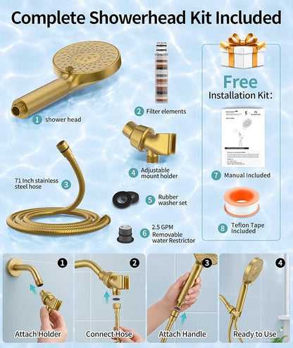SR SUN RISE Filtered Shower Head with Handheld High Pressure 9 Spray Mode Showerhead Detachable Shower Head Water Softener Filters 1 Filter Brushed Gold