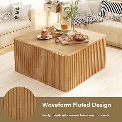 Fluted Square Coffee Table with Storage-Large Wood Center Table with Solid Wood Veneer Top, Mid Century Modern Low Coffee Table for Living Room, Natural