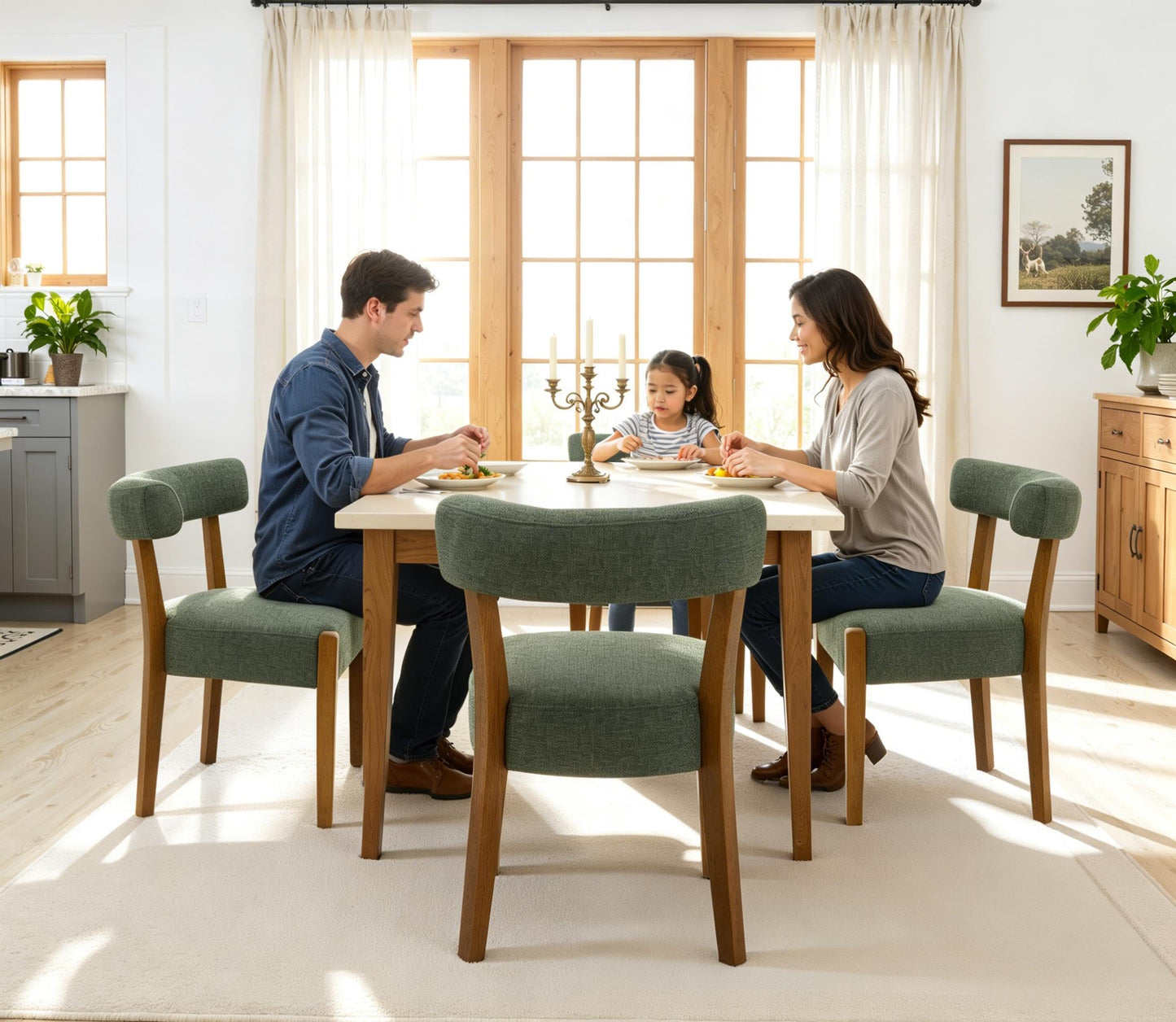 RNKSFX Upholstered Green Dining Chairs Set of 4, Walnut Wooden Kitchen & Dining Room Chairs, Mid Century Modern Fabric Farmhouse Dining Chairs Oversized Sturdy Rounded Chairs Curved Back