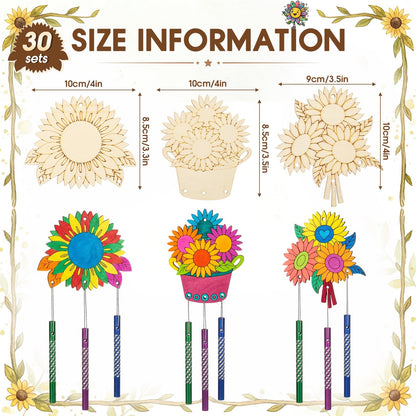 Leinuosen 30 Pcs Wind Chime Kit Sunflower Wooden Wind Chimes Decorative Sunflower Windchimes Hanging Dragonfly DIY Crafts for Indoor Outdoor Garden Home Patio Party Crafts Decorations