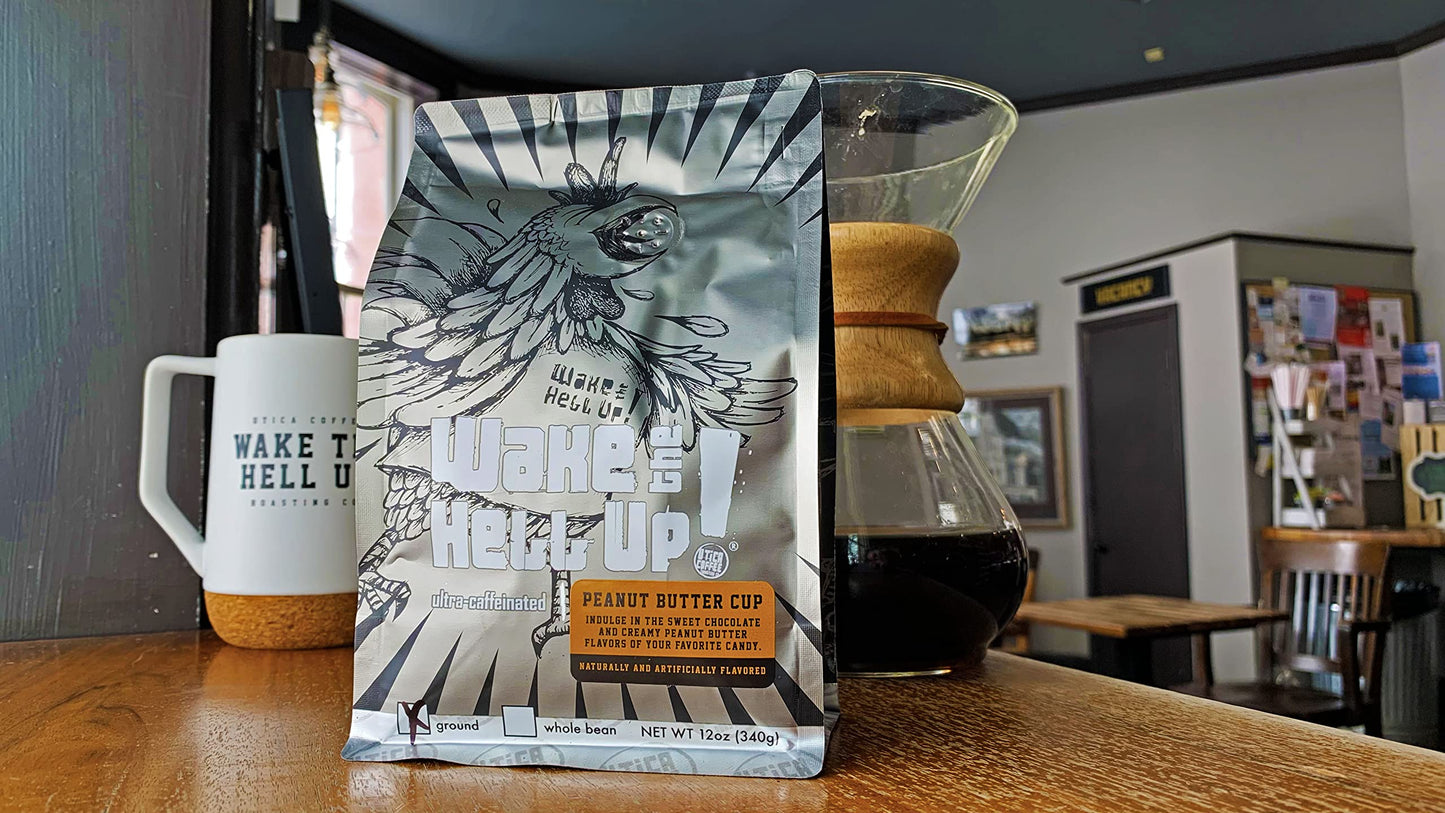 Wake The Hell Up! 12oz Ultra-Caffeinated Peanut Butter Cup Ground Coffee, Low Acid, Medium-Dark Roast