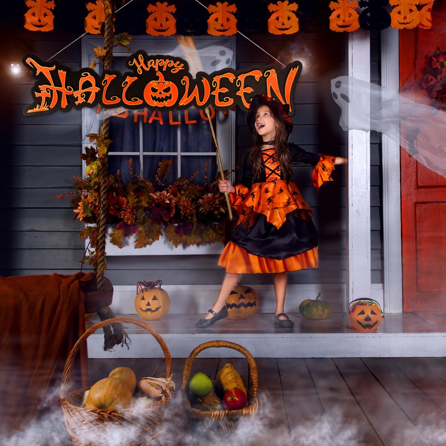 Yousoontic Large Gothic Happy Halloween Wooden Yard Sign Giant Black Orange Trick or Treat Porch Signs Wall Decor for Fence Garage Outdoor Backdrop Props(47.2 x 11.8 Inch)