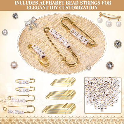 Janinka 348 Pcs DIY Junk Socks Charms Kit with Letter Beads, Gold Charm Safety Pin Brooch Pearl Rhinestone Jewelry Bulk Decorating Accessories for Women Socks Shoes Hat Clothes (Elegant Style)