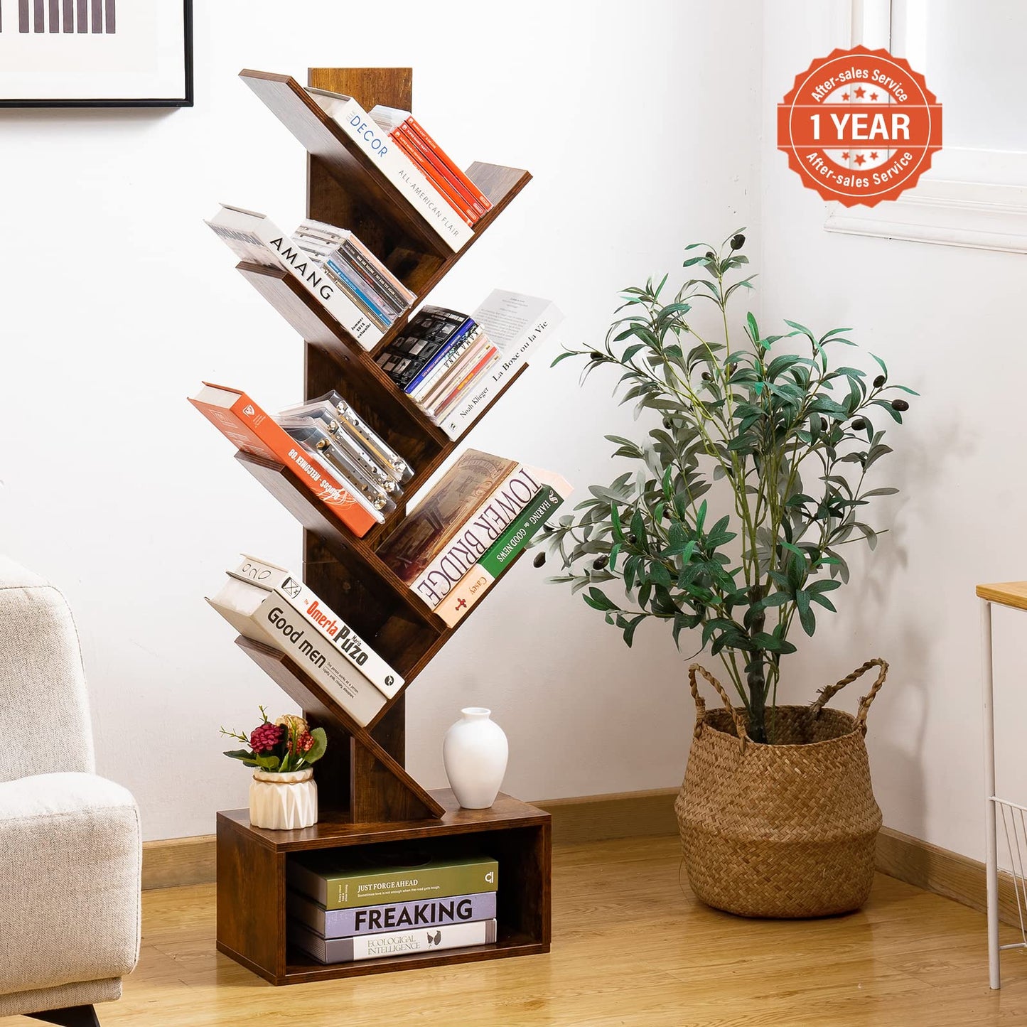 Yoobure Tree Bookshelf - 6 Shelf Retro Floor Standing Bookcase, Tall Wood Book Storage Rack for CDs/Movies/Books, Utility Book Organizer Shelves for Bedroom, Living Room, Home Office, Rustic Brown