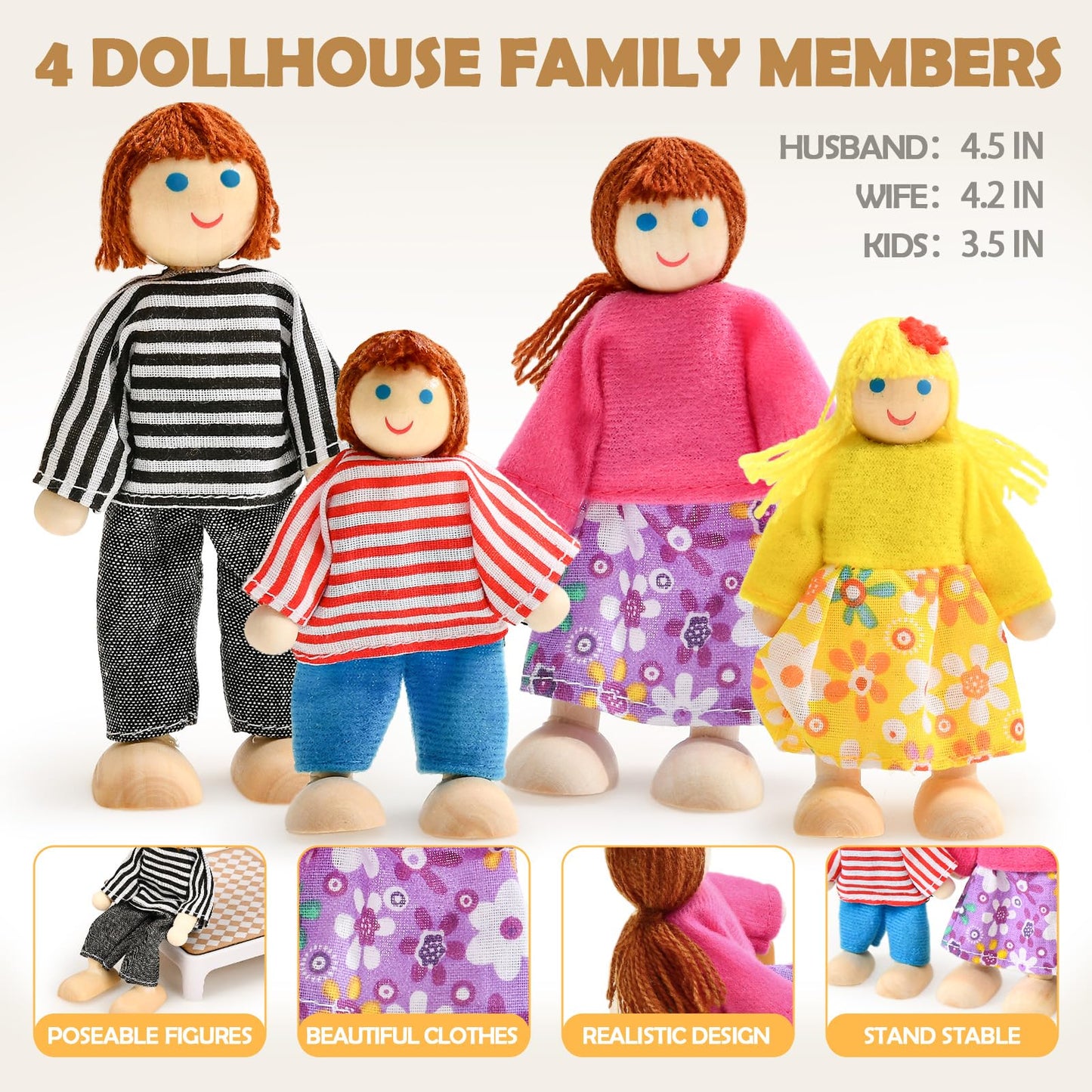 Toyssa Dollhouse Furniture Set, 36PCS Beech Wood and Plastic Miniature Doll House Accessories with Modern 5 Rooms & 4 Flexible Family Dolls, Pretend Play Toys Birthday Gift for Toddlers 3 4 5 6