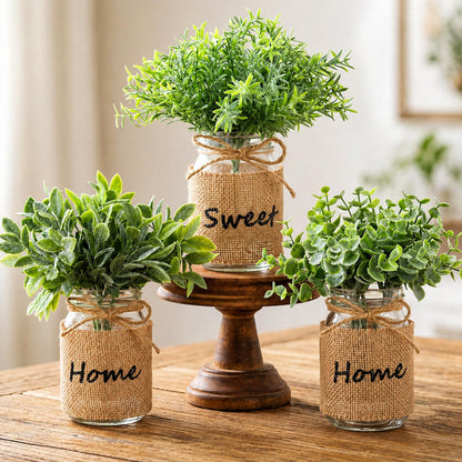 Suncalla 3 Pcs Spring Mason Jar Table Centerpiece Decor Small Fake Plants Farmhouse Rustic Burlap Vases Artificial Eucalyptus Rosemary Plants for Office Laundry Bathroom Shelf Table Wedding Decoration