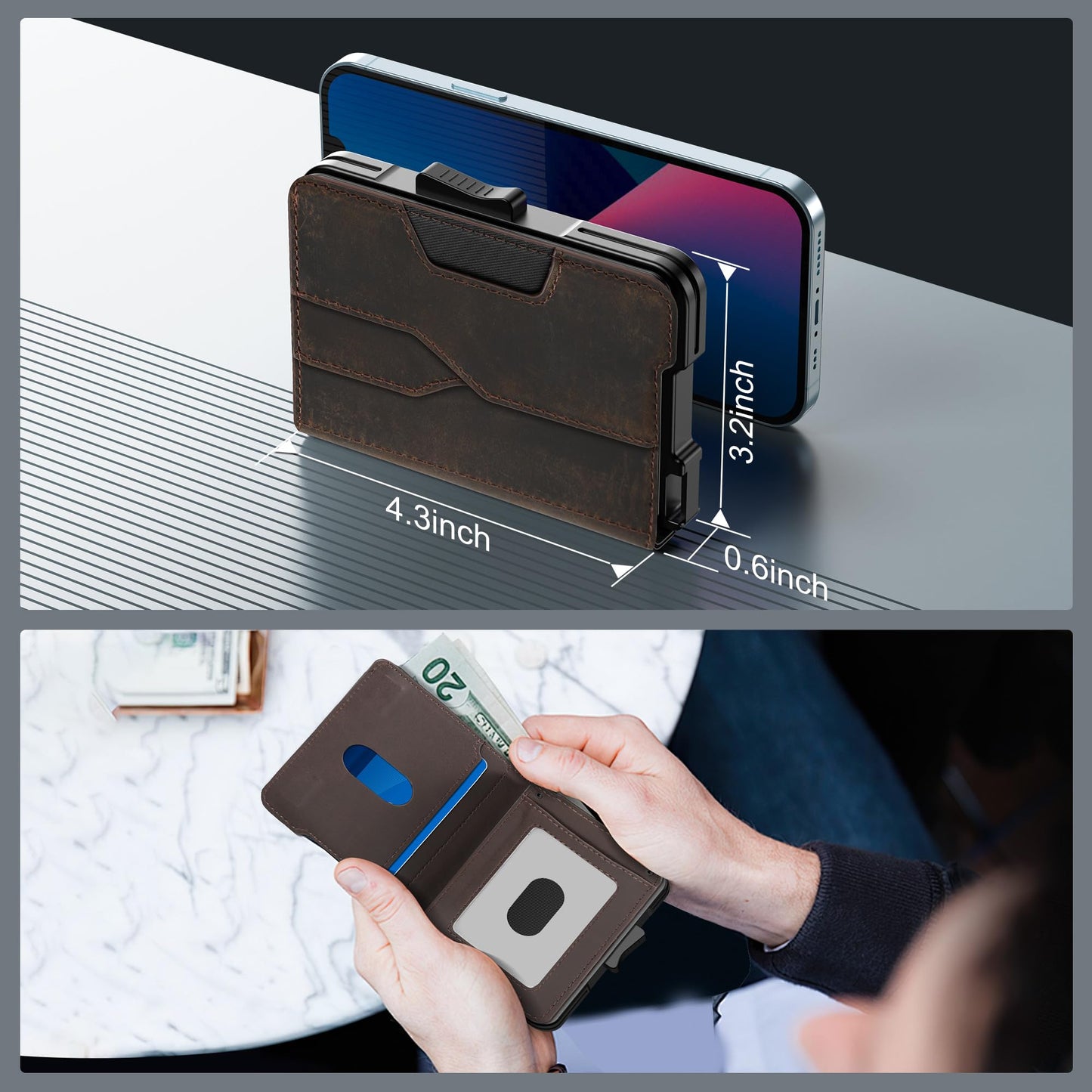Kunlgro Wallet for Men - Pop Up Case, Cash Slot, and Credit Card Wallet - Slim Minimalist Aluminum Front Pocket Wallet with RFID Blocking/ID Window (Genuine Leather Dark Coffee)